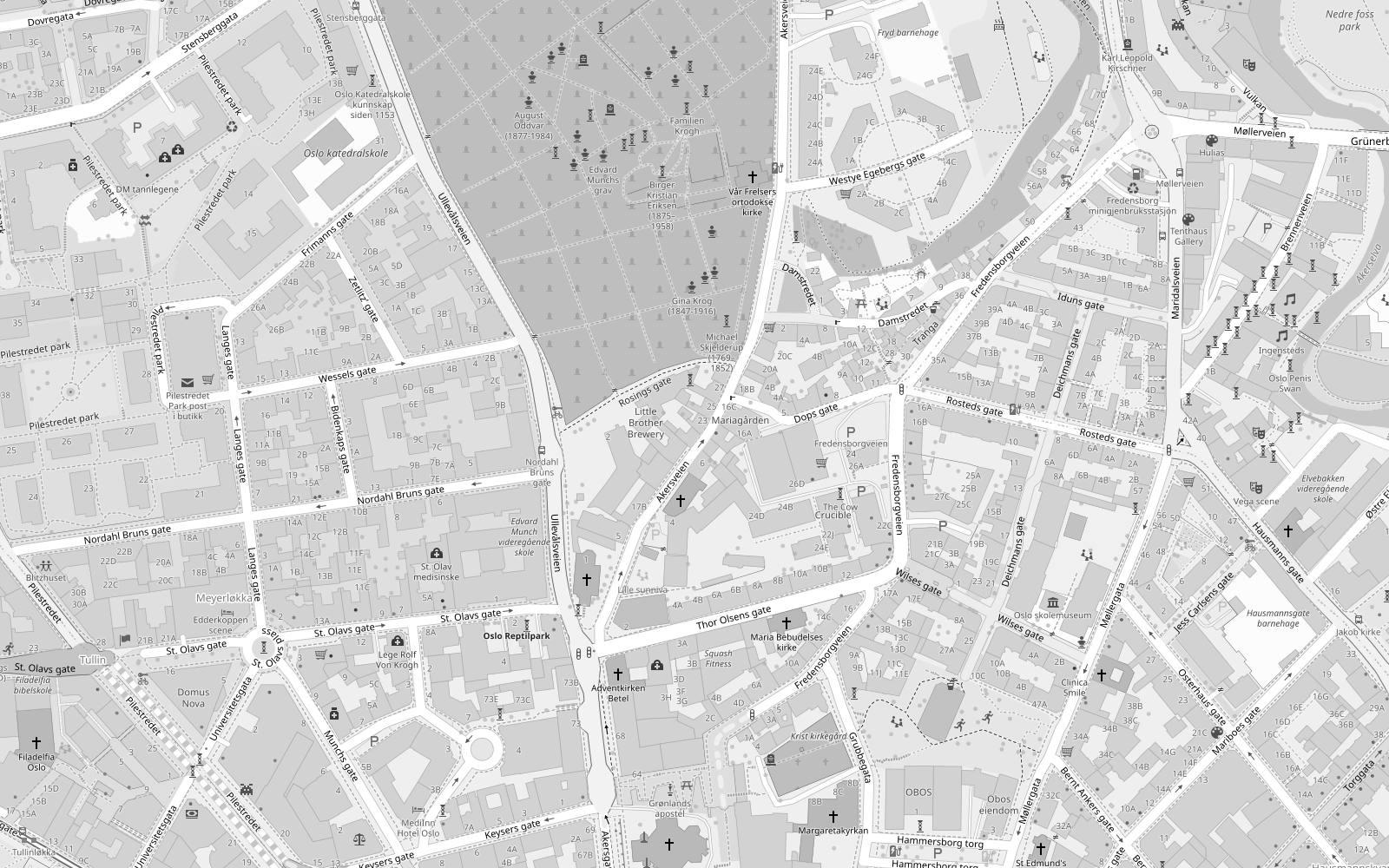 Kart over området rundt Akersveien 21 i Oslo, ved Vår Frelsers gravlund